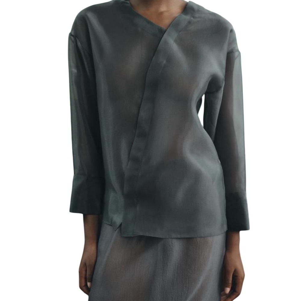Zara Semi Sheer‎ organza blouse in grey minimalist cocktail dark sz XS